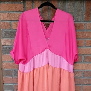 Pink Lily Colorblock Short Sleeve Dress in Pink and Orange